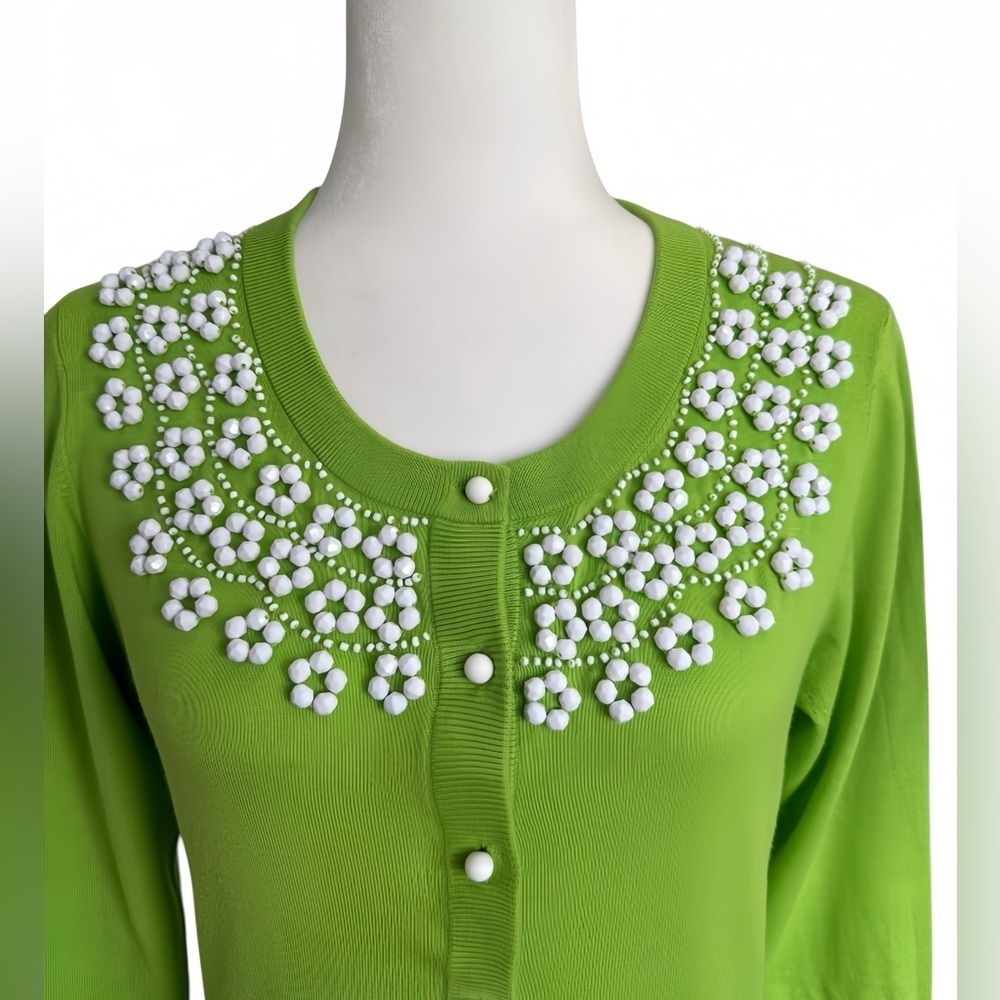 🌼 Kate Spade Green Floral Beaded Garden Cardigan Embellished Sweater – Size M - Picture 6 of 11